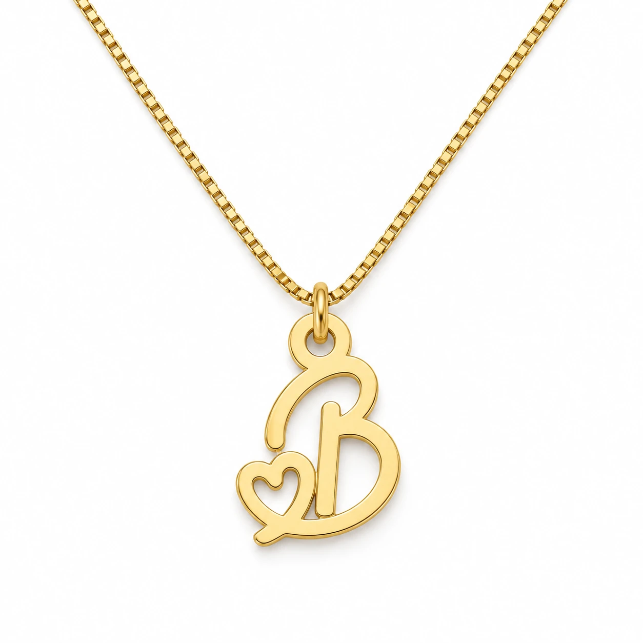 Heart Letter Pendant - white Gold B letter pendant with integrated heart cutout and fine box chain, white