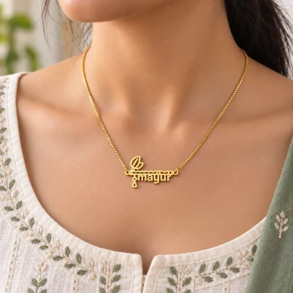 Flute Design Name Pendant worn with corrected pendant proportions
