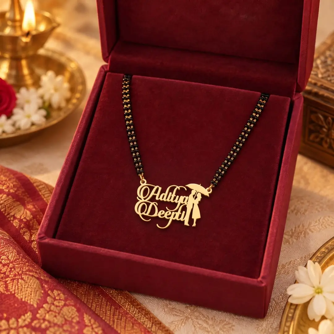 Umbrella Couple Name Necklace - With a black-beaded chain in a red display box Umbrella Couple Name Necklace with a black-beaded chain in a red display box