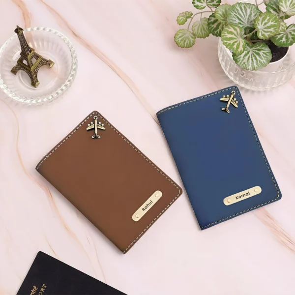 2pcs Brown And Blue Passport Cover With Your Name