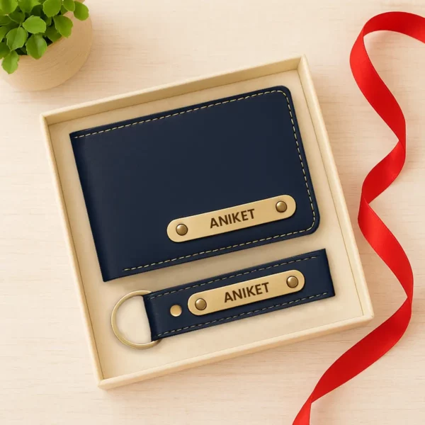 Navy Blue Premium Wallet And Keychain Combo