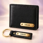Personalized Black Wallet and Keychain Combo shown as a matching set