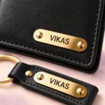 Personalized Black Wallet and Keychain Combo with a close view of the name plates