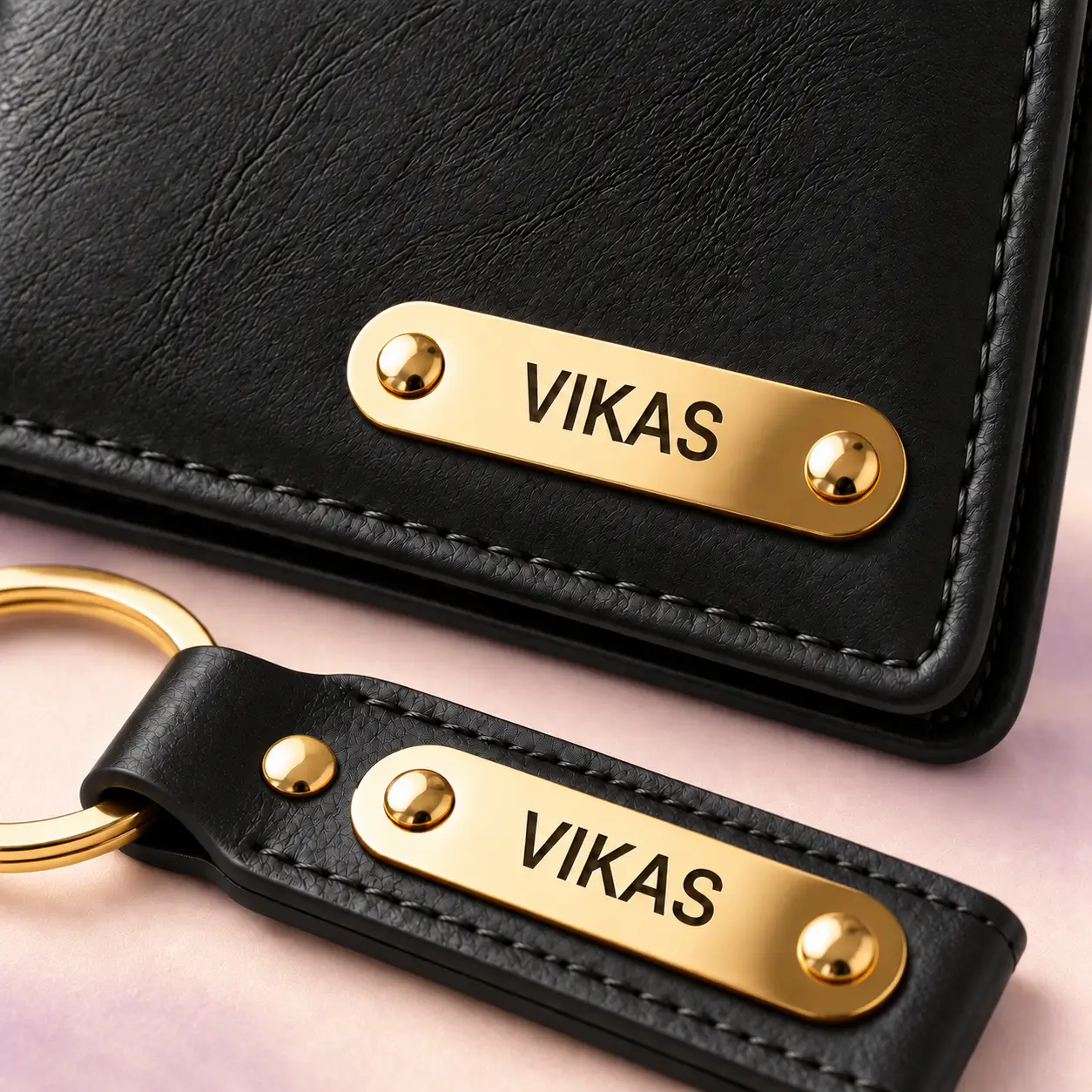 Personalized Black Wallet and Keychain Combo - With a close view of the name plates Personalized Black Wallet and Keychain Combo with a close view of the name plates