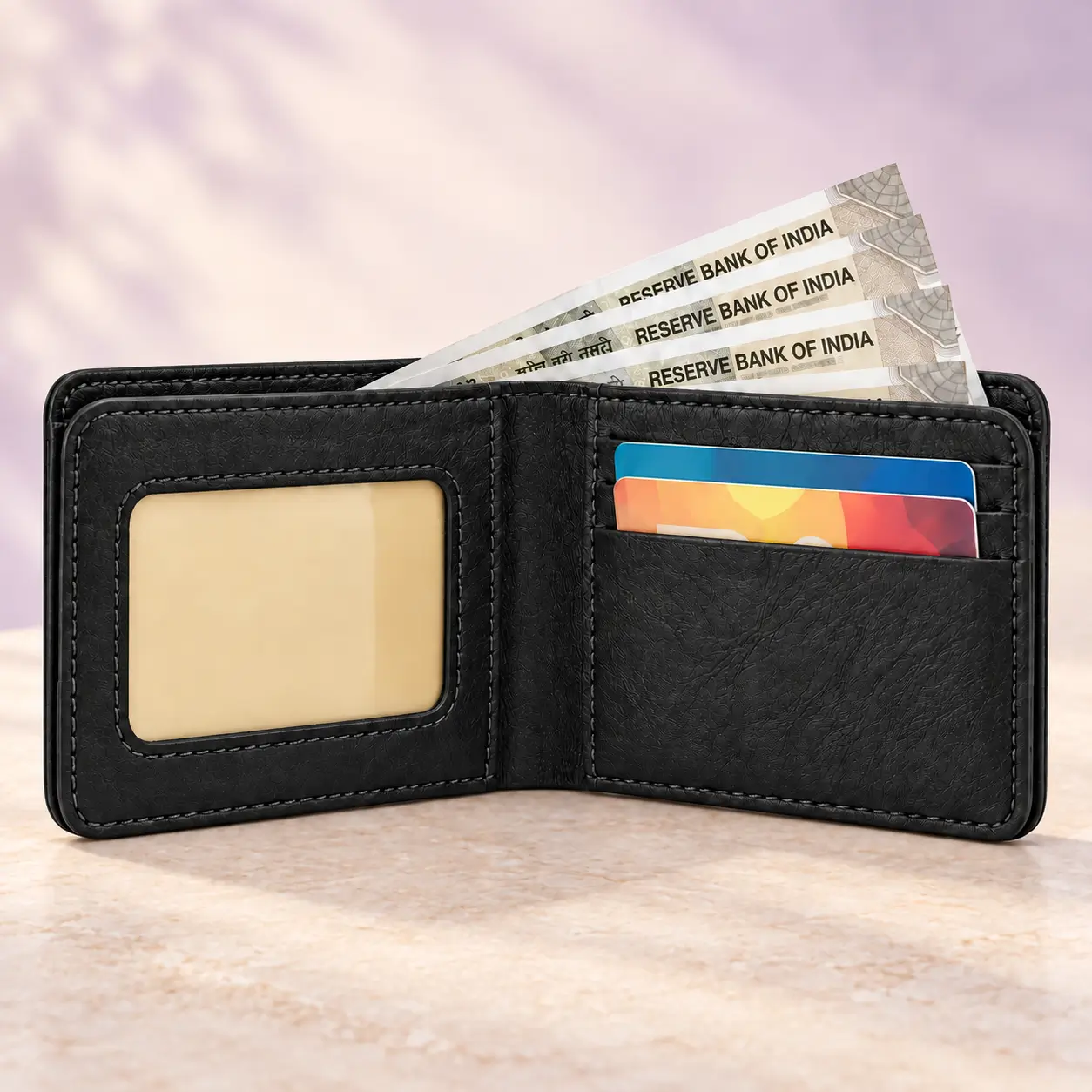 Personalized Black Wallet and Keychain Combo - With the wallet open to show card and note compartments Personalized Black Wallet and Keychain Combo with the wallet open to show card and note compartments