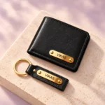 Personalized Black Wallet and Keychain Combo on a stone display