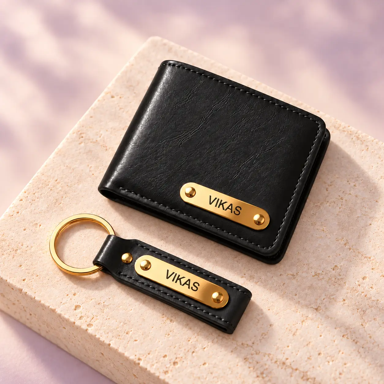 Personalized Black Wallet and Keychain Combo - On a stone display Personalized Black Wallet and Keychain Combo on a stone display