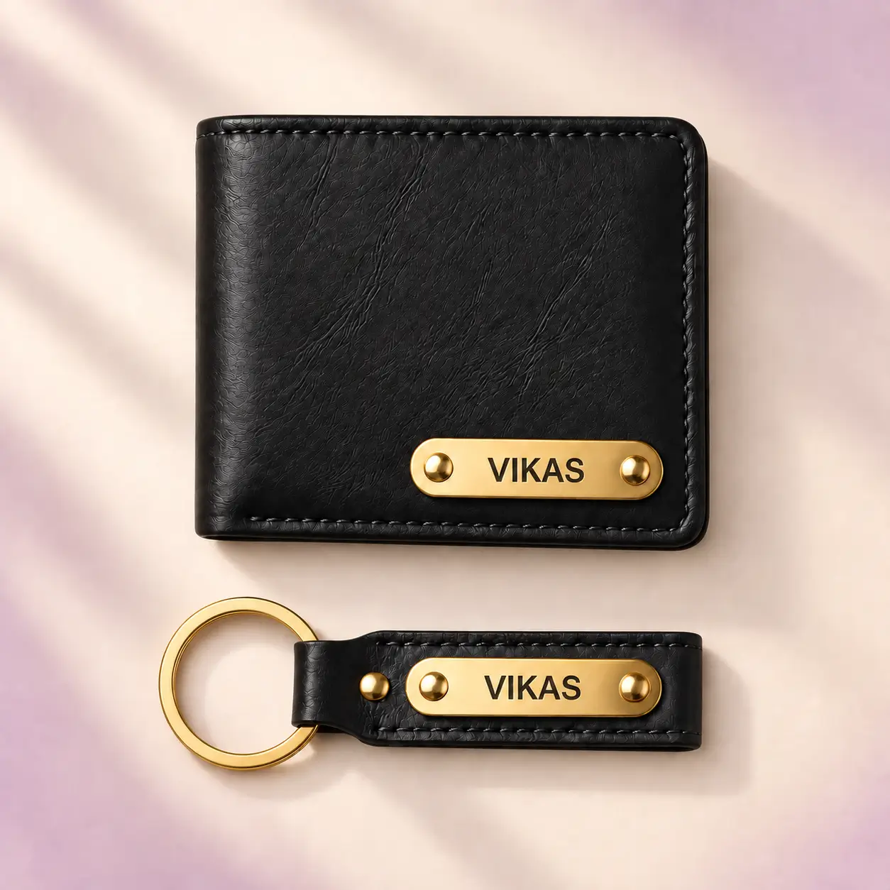 Personalized Black Wallet and Keychain Combo - Shown together on a light background Personalized Black Wallet and Keychain Combo shown together on a light background