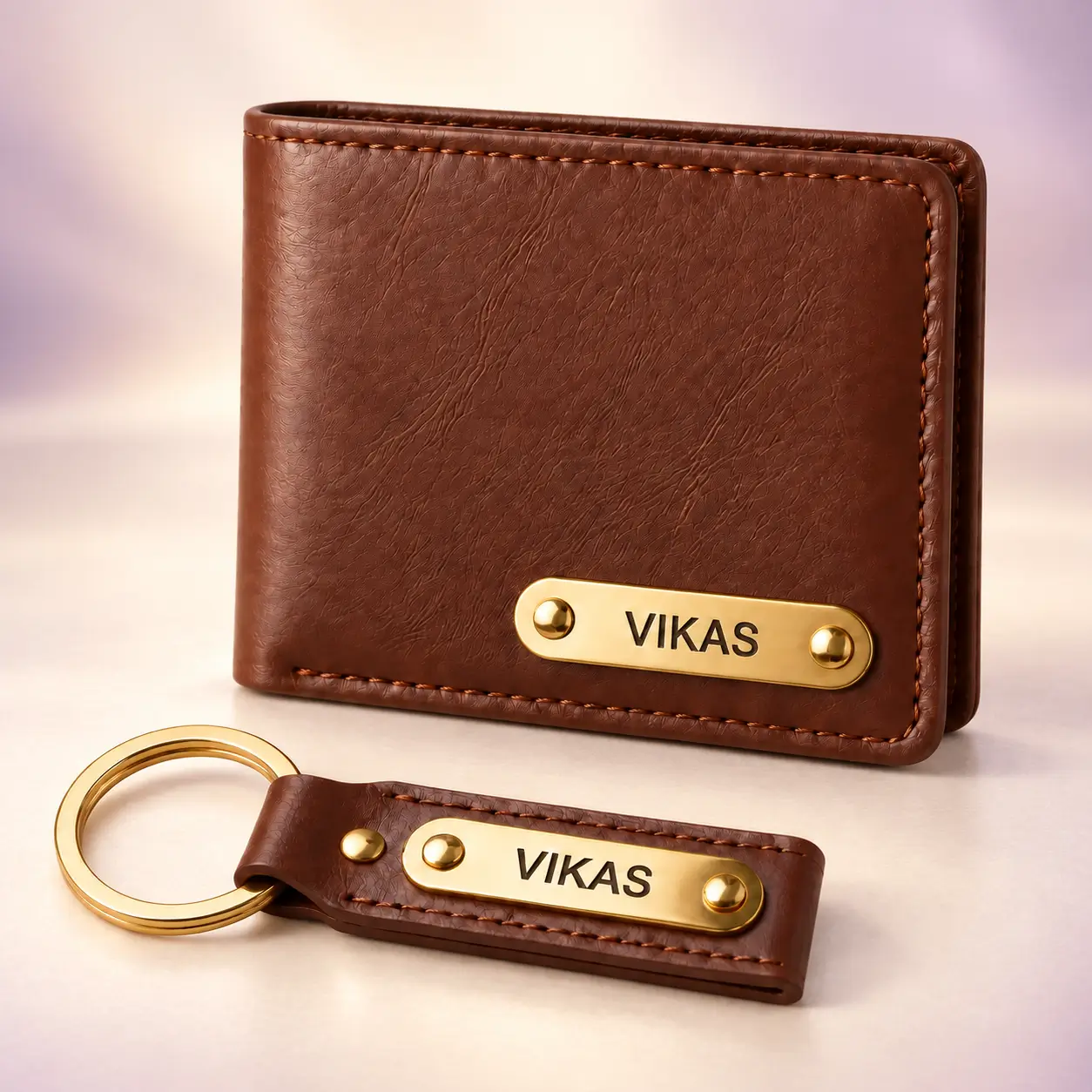 Brown Wallet and Keychain Combo - 1 Personalized brown wallet and matching keychain with VIKAS name plates