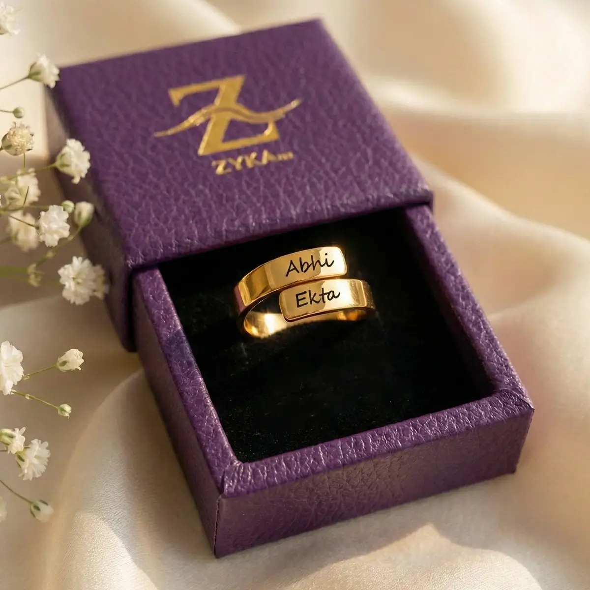 Personalized Engraved Couple Name Ring - In a purple display box Personalized Engraved Couple Name Ring in a purple display box