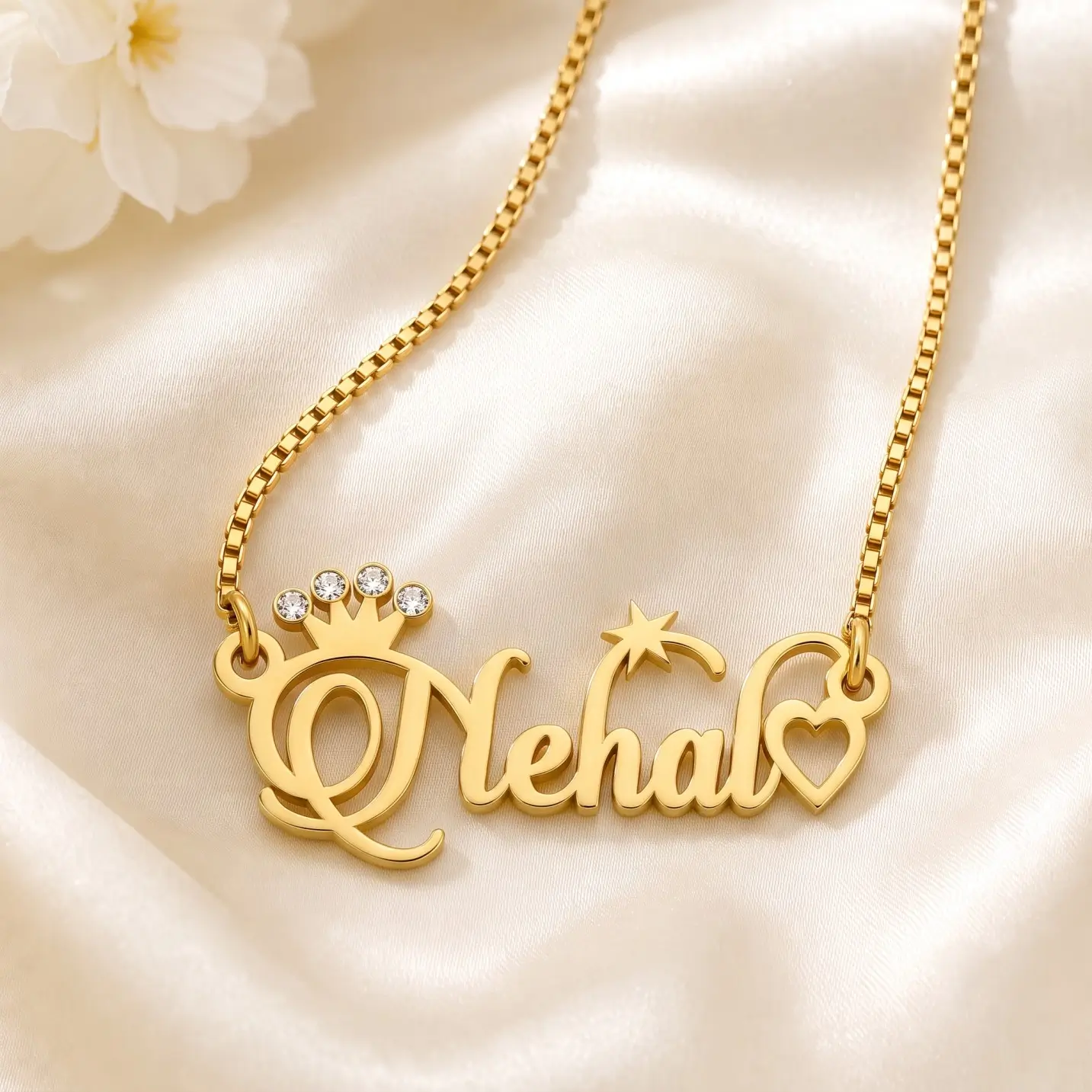 Sparkle Crown Name Necklace - Satin Detail Gold-tone name necklace with a sparkling crown, star and heart on ivory satin