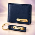 Personalized navy blue wallet and matching keychain with VIKAS name plates