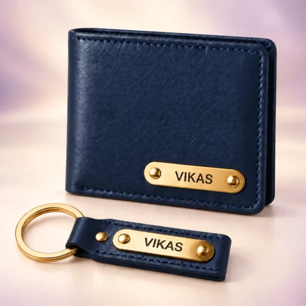 Personalized navy blue wallet and matching keychain with VIKAS name plates