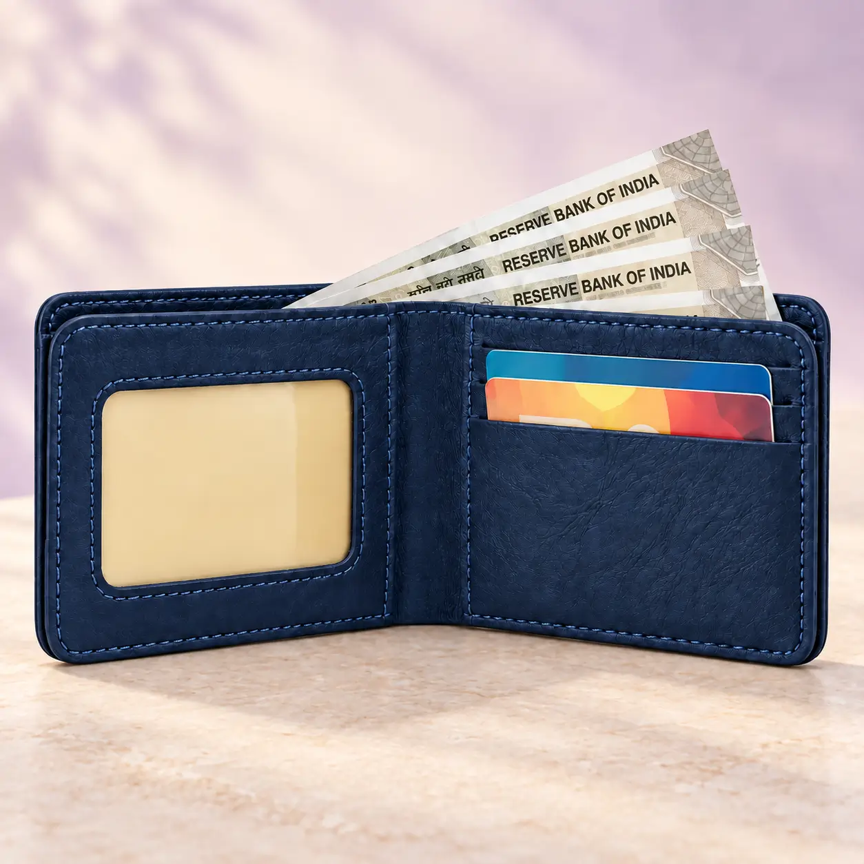Navy Blue Wallet and Keychain Combo - 3 Open navy blue wallet showing card slots, ID window and cash compartment