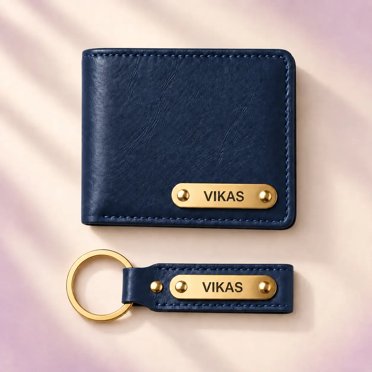 Navy Blue Wallet and Keychain Combo - 5 Top view of navy blue wallet and matching keychain with VIKAS name plates