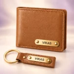 Personalized tan wallet and matching keychain with VIKAS name plates