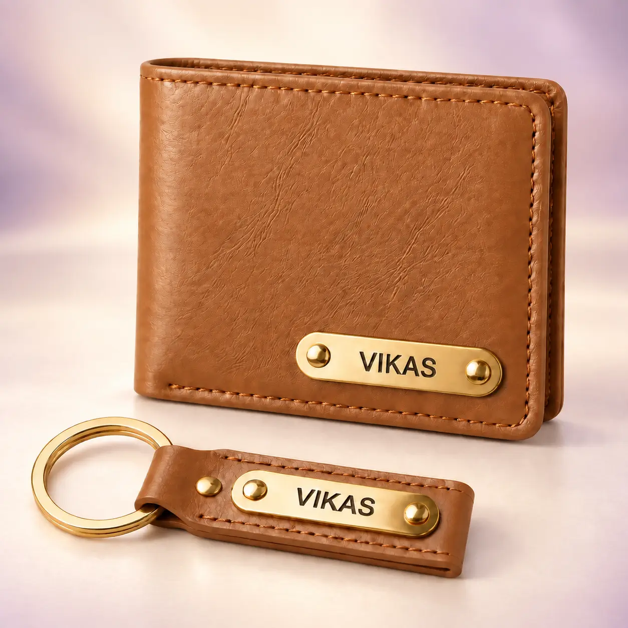 Tan Wallet and Keychain Combo - 1 Personalized tan wallet and matching keychain with VIKAS name plates