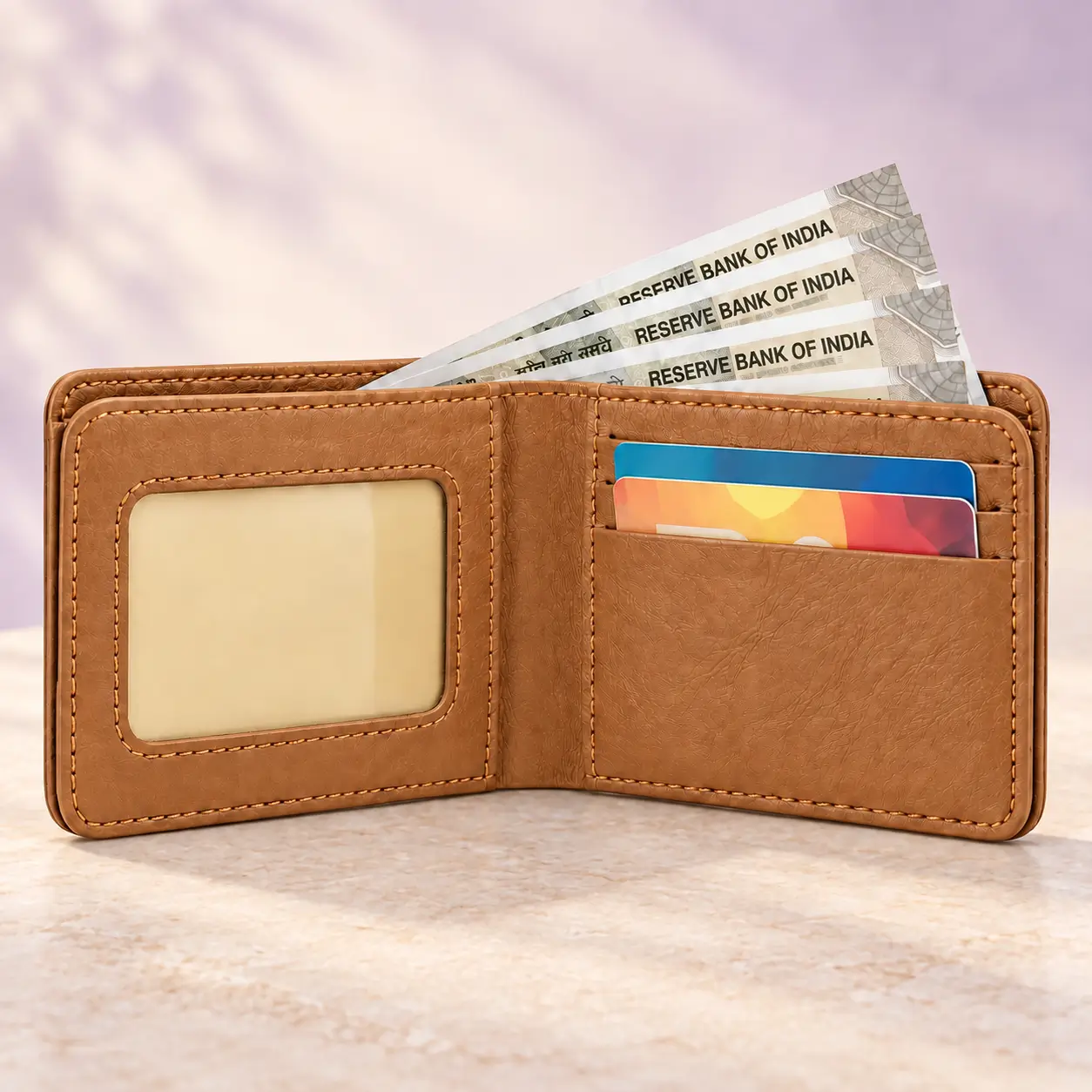 Tan Wallet and Keychain Combo - 3 Open tan wallet showing card slots, ID window and cash compartment