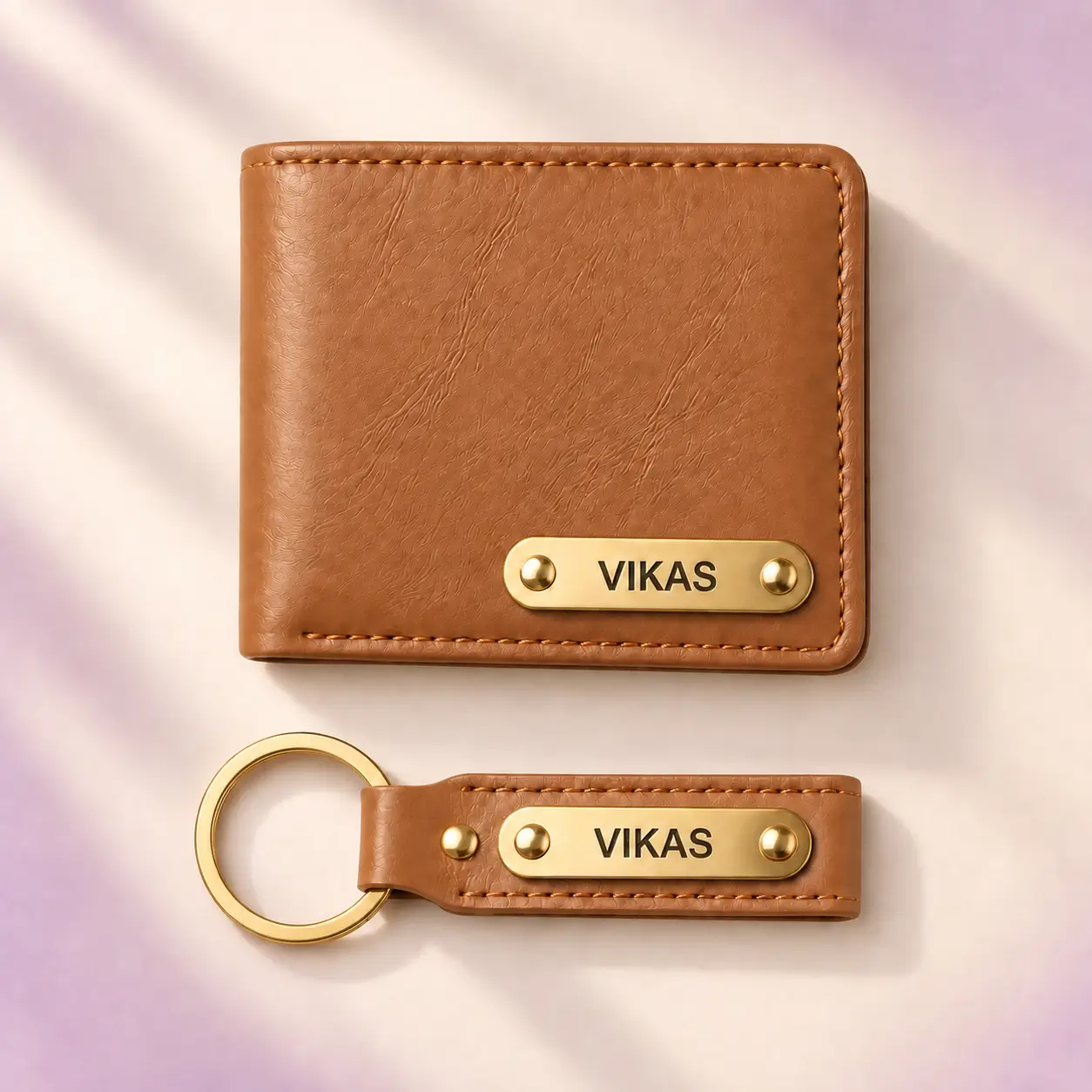 Tan Wallet and Keychain Combo - 5 Top view of tan wallet and matching keychain with VIKAS name plates