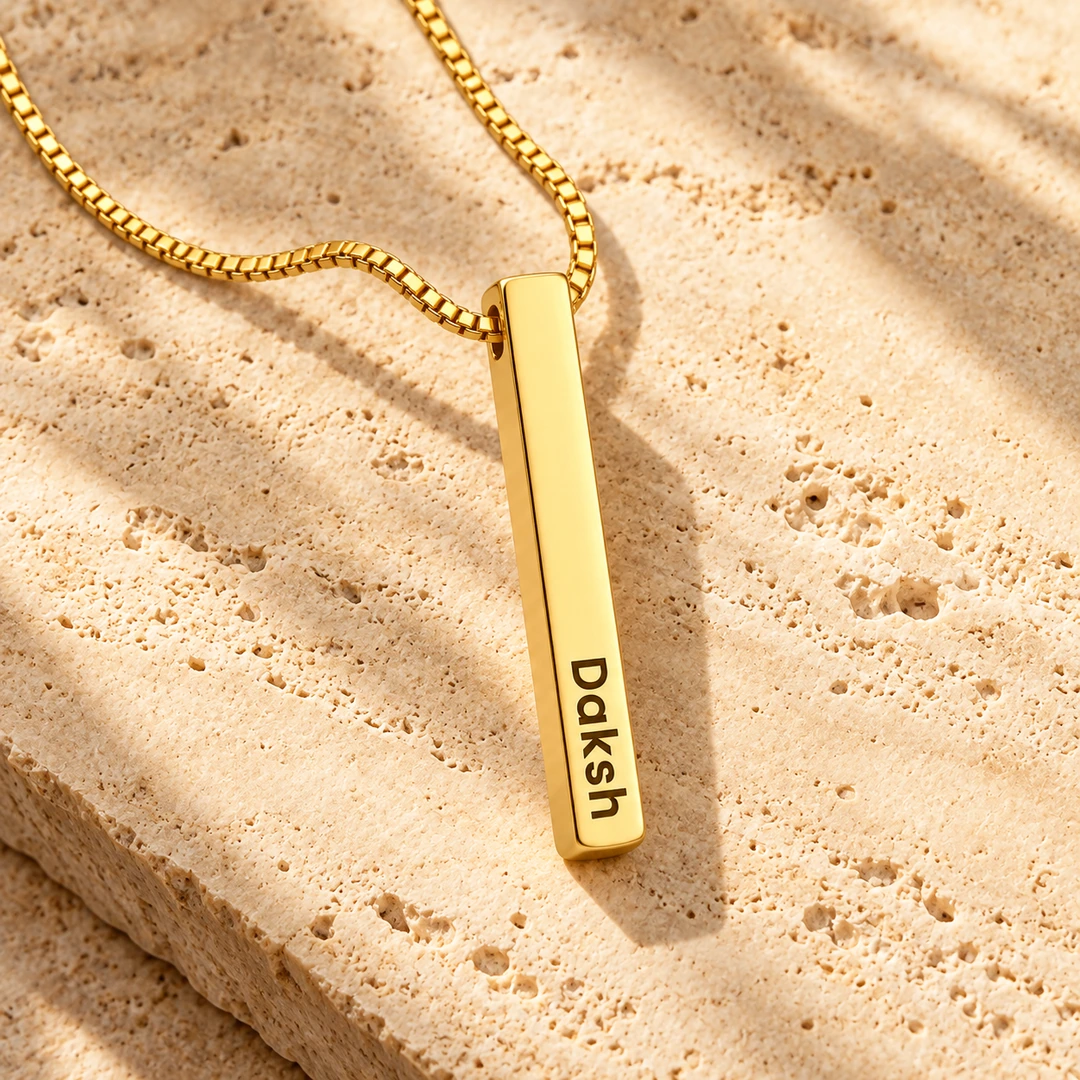 Gold Plated Personalized 3D Bar Pendant - travertine stone concept Gold Plated Personalized 3D Bar Pendant necklace on travertine stone surface
