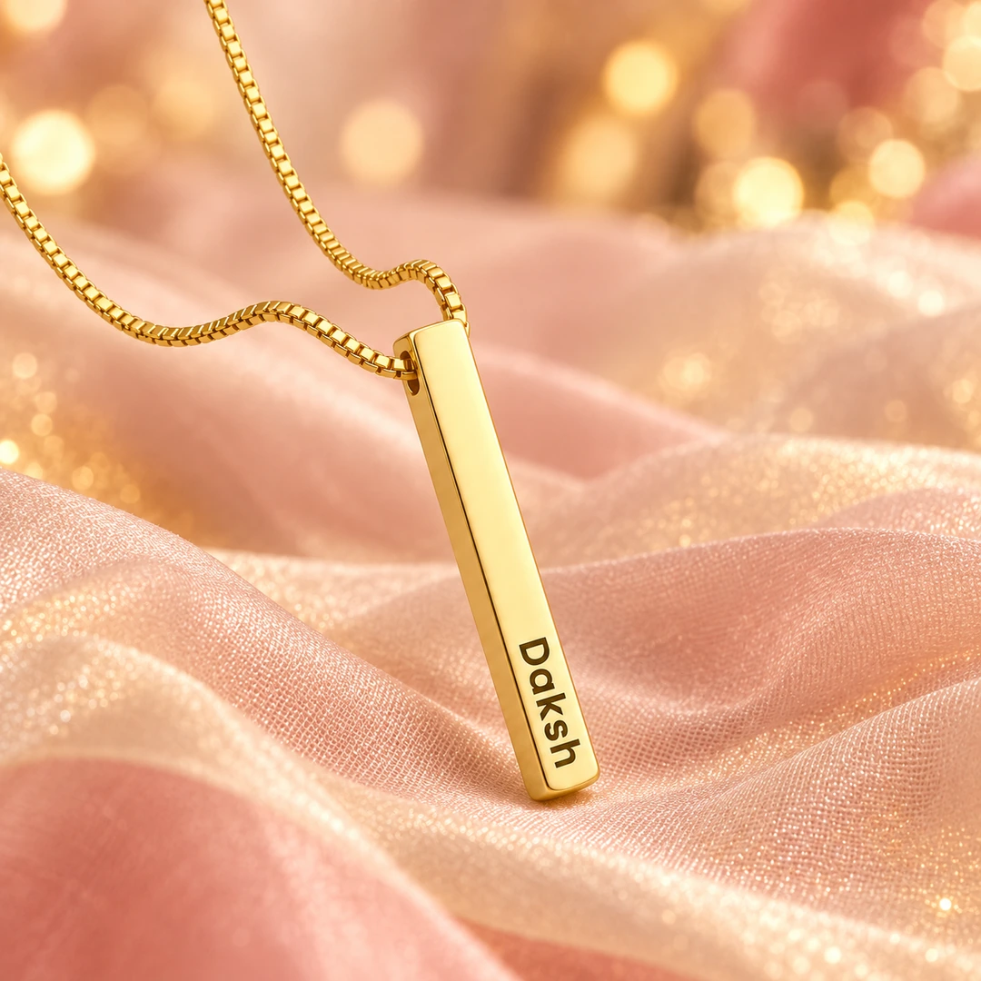 Gold Plated Personalized 3D Bar Pendant - blush organza concept Gold Plated Personalized 3D Bar Pendant necklace on blush organza surface