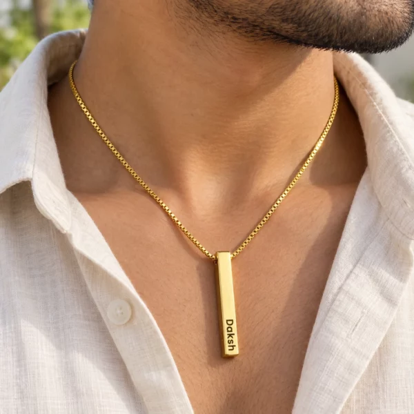 Gold plated 3D bar pendant with Daksh engraving and gold box chain, daily Indian styling