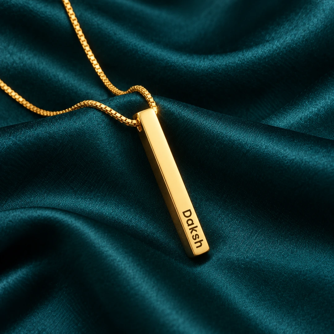 Gold Plated Personalized 3D Bar Pendant - teal satin Gold plated 3D bar pendant with Daksh engraving and gold box chain, teal satin
