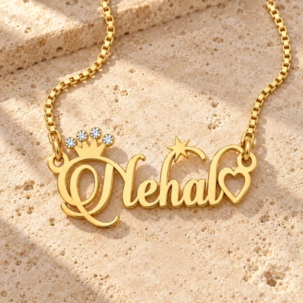 Diamond Single Name Necklace with original gold chain on warm travertine stone
