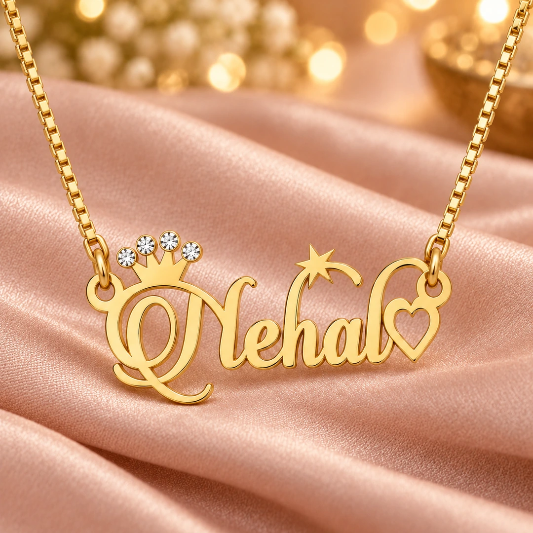 Sparkle Crown Name Necklace - On peach fabric Sparkle Crown Name Necklace on peach fabric