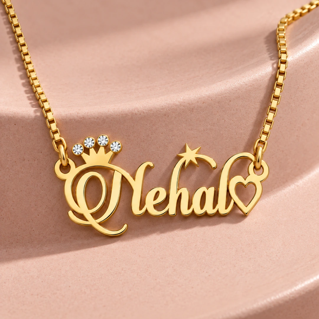 Sparkle Crown Name Necklace - On a pink display Sparkle Crown Name Necklace on a pink display