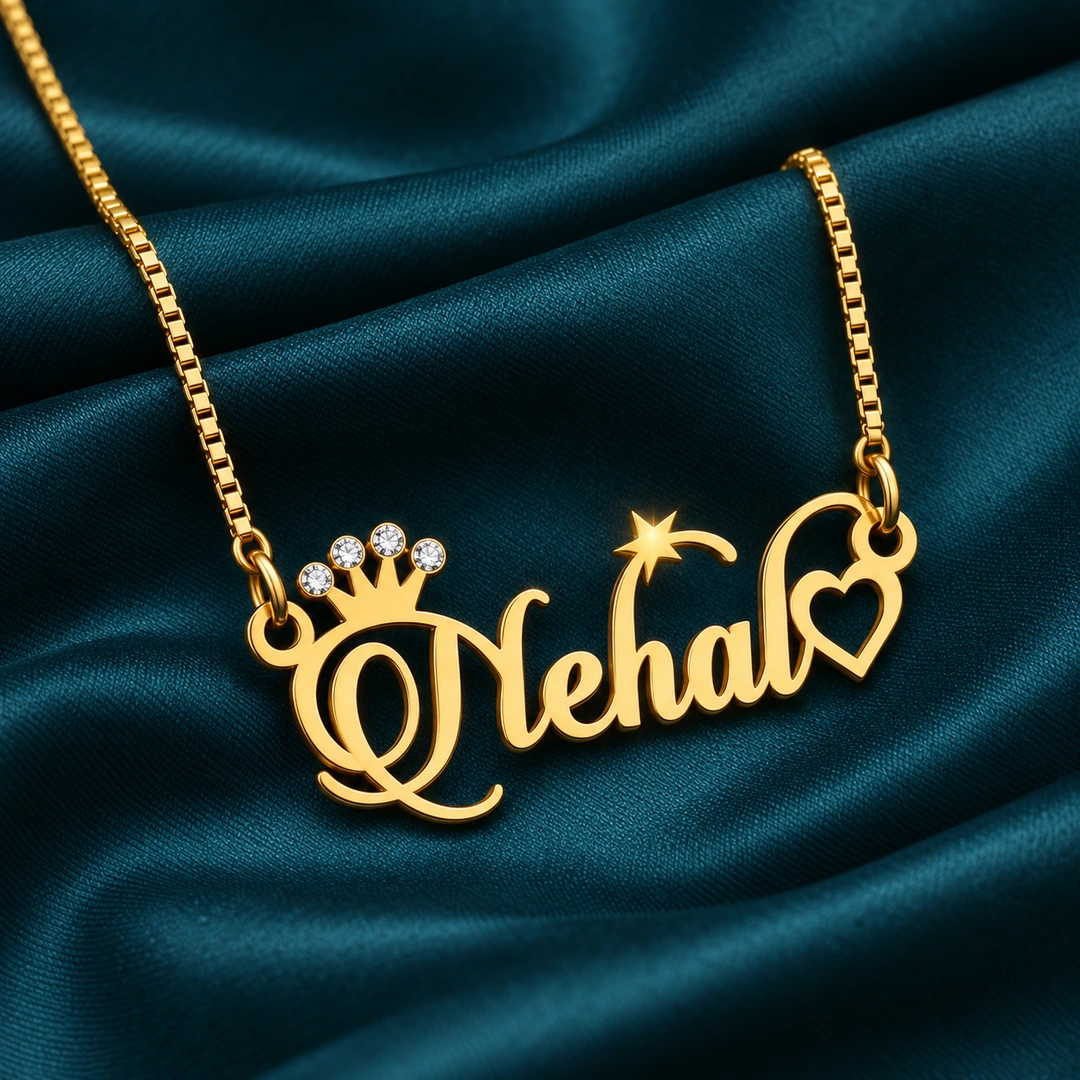 Sparkle Crown Name Necklace - On dark green fabric Sparkle Crown Name Necklace on dark green fabric
