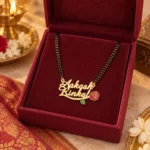 Red Rose Couple Name Necklace with a black-beaded chain in a red display box