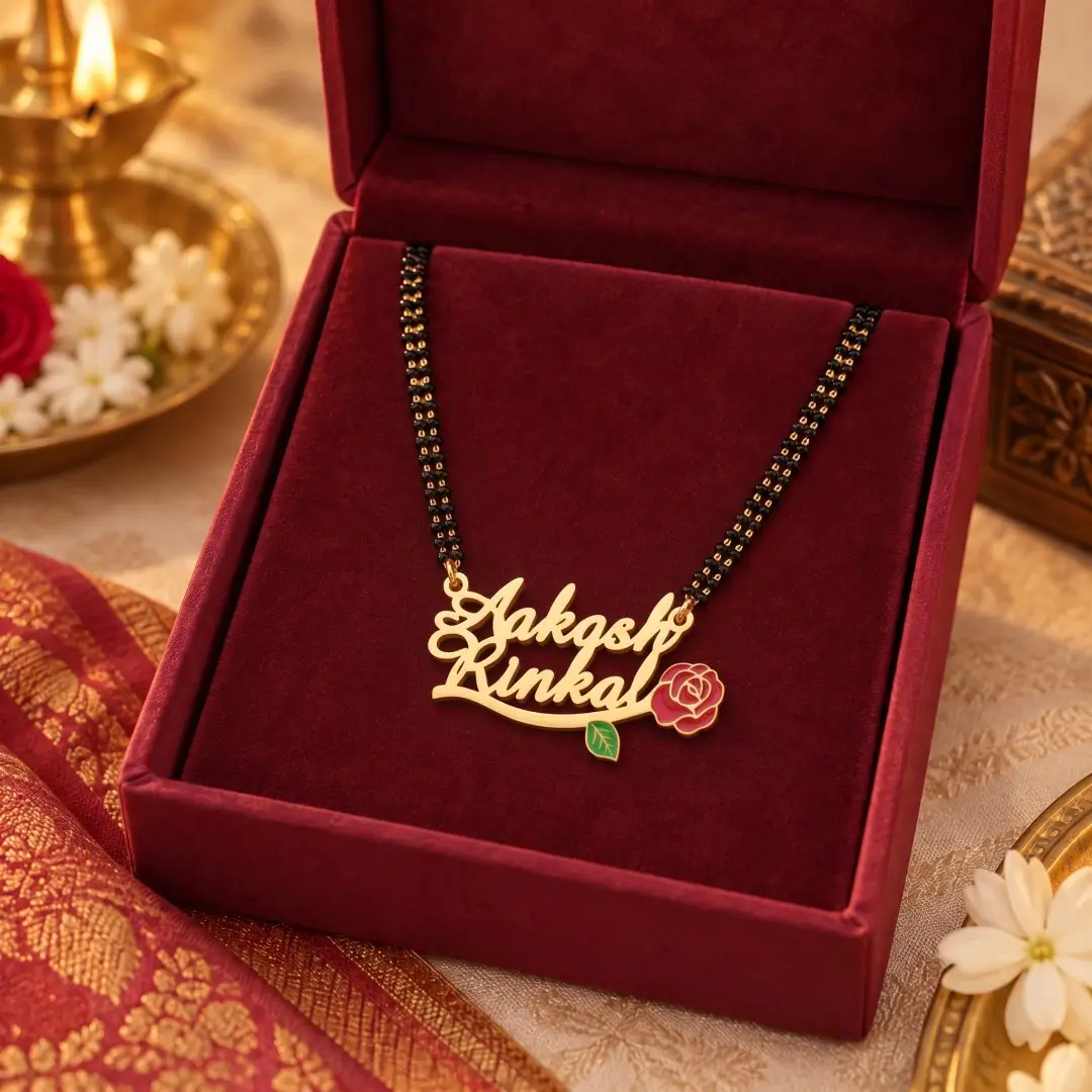 Red Rose Couple Name Necklace - With a black-beaded chain in a red display box Red Rose Couple Name Necklace with a black-beaded chain in a red display box