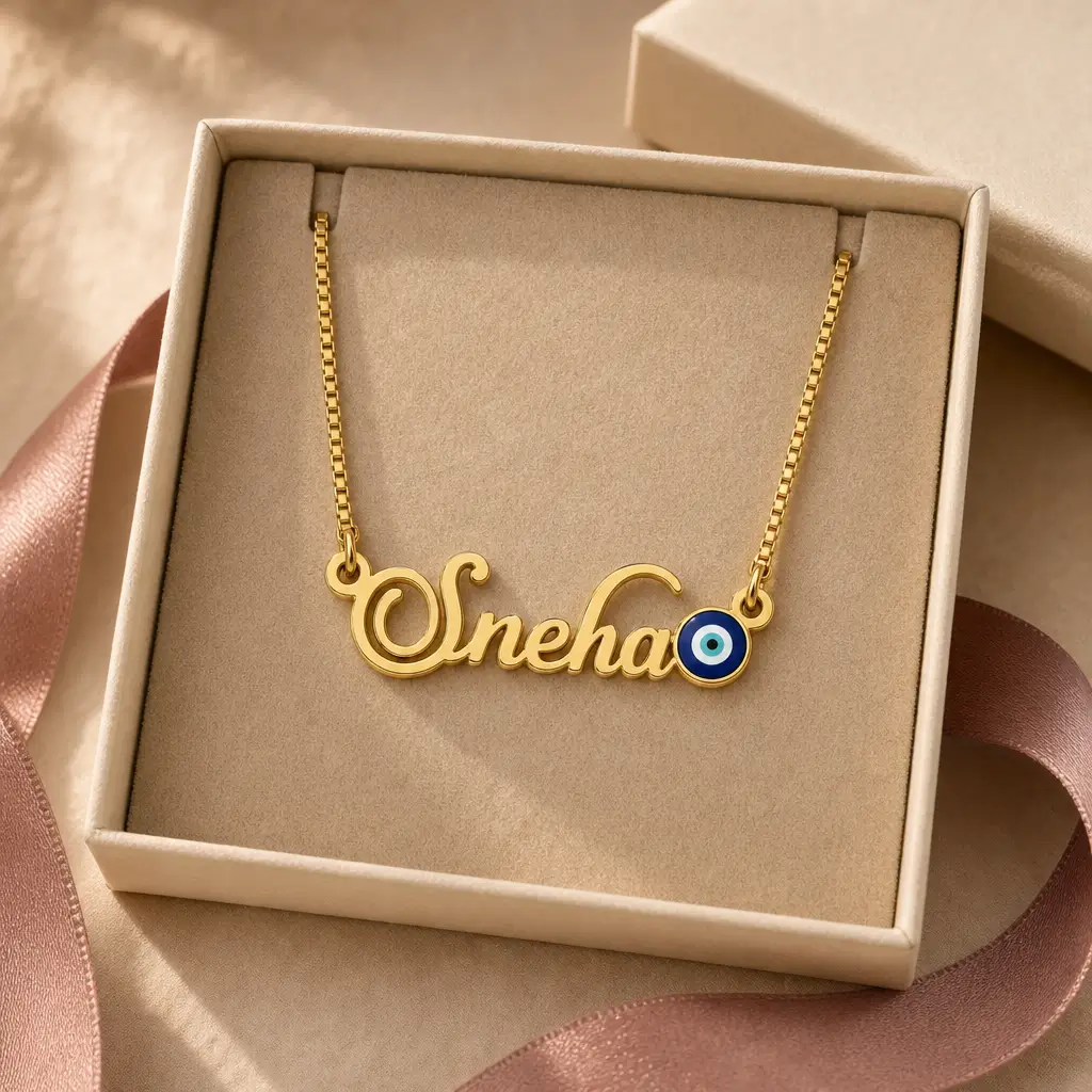 Blue Evil Eye Name Necklace - Jewellery Box Gold-tone name necklace with a blue evil eye accent displayed in an open beige jewellery box