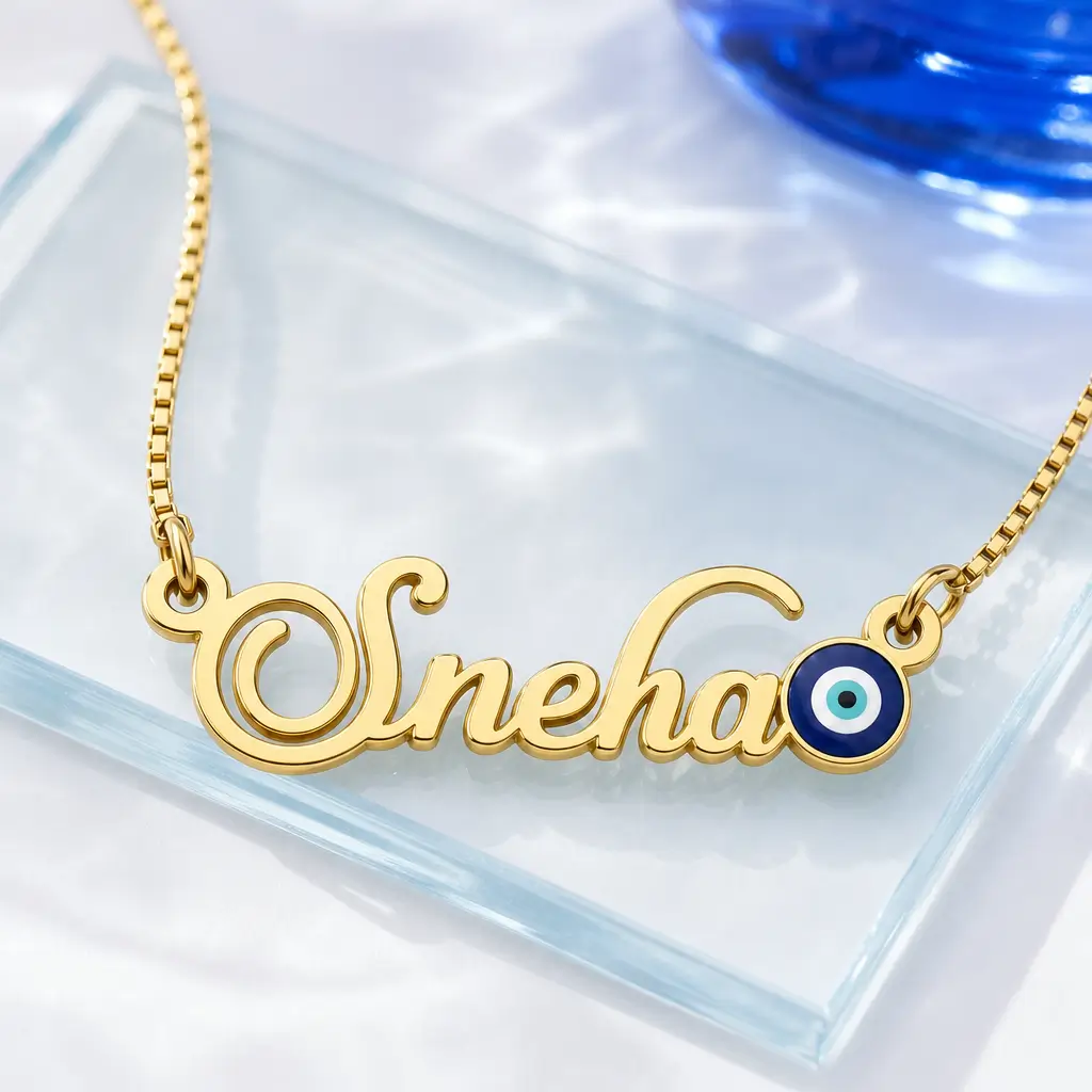 Blue Evil Eye Name Necklace - Glass Display Gold-tone name necklace with a blue evil eye accent on a clear glass display
