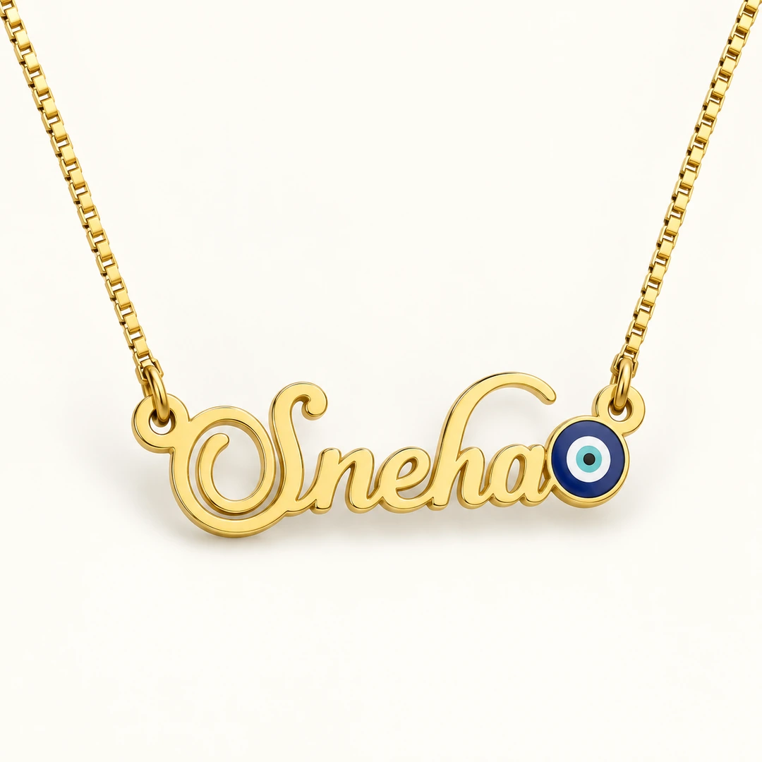 Blue Evil Eye Name Necklace - On an cream background Blue Evil Eye Name Necklace on an cream background