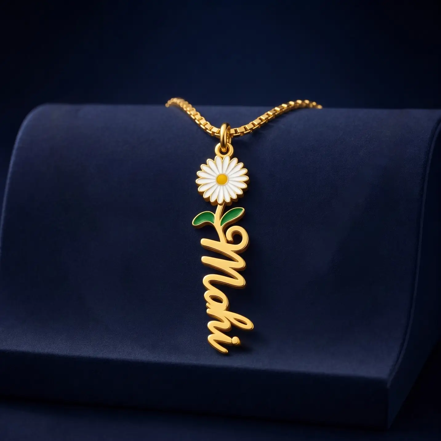 Flower Drop Name Necklace - Velvet Display Gold-tone vertical name pendant with a daisy flower on a navy velvet display