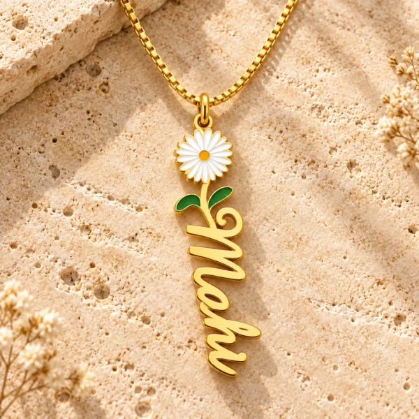 Personalized Floral Name Necklace with original gold chain on warm travertine stone