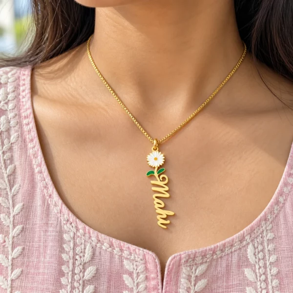 Mahi floral name pendant with white daisy and gold box chain, daily kurti styling