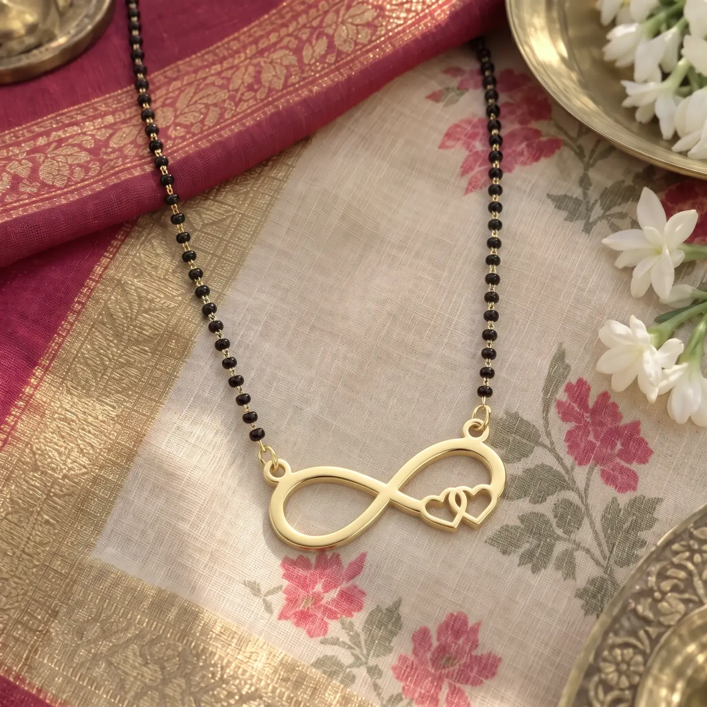 Double Heart Infinity Couple Necklace - Fabric Detail Gold-tone infinity pendant with two open hearts on a black-bead chain on floral fabric