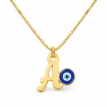 Blue Evil Eye Letter Pendant with a chain on a white background