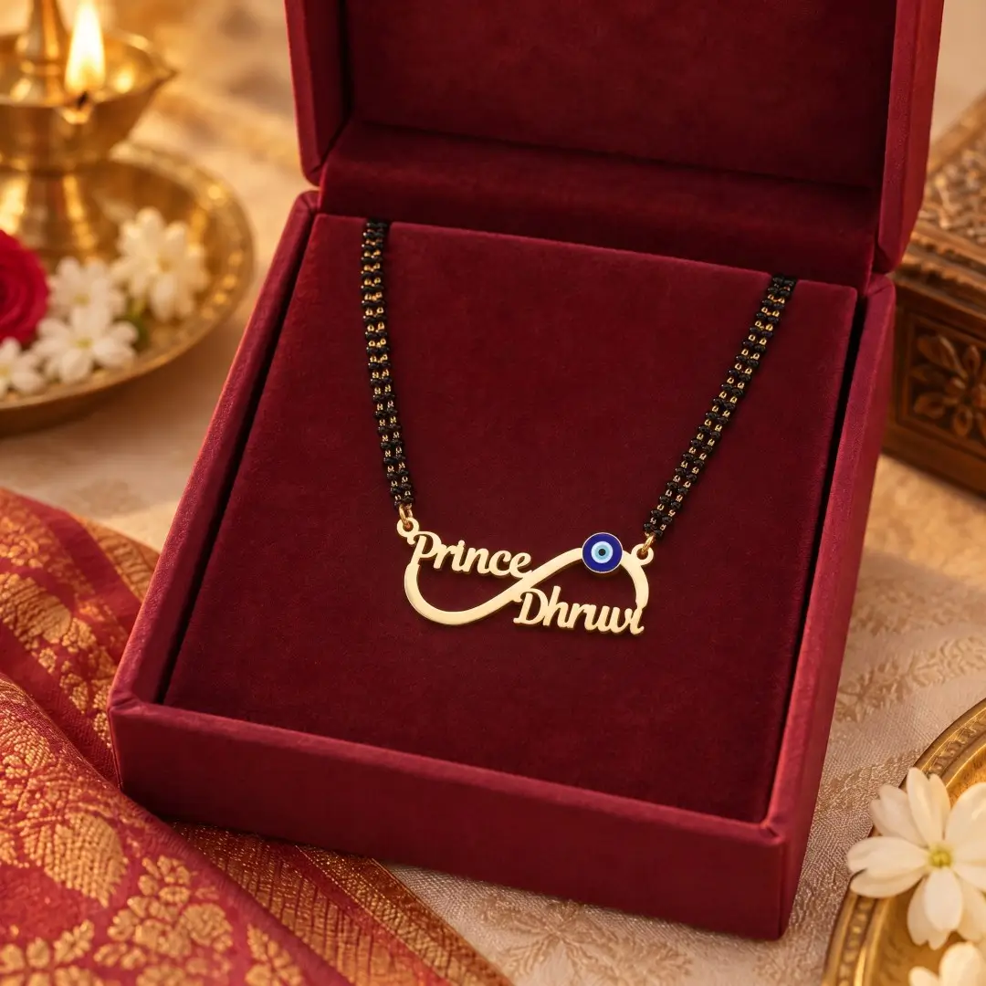 Blue Evil Eye Infinity Couple Name Necklace - With a black-beaded chain in a red display box Blue Evil Eye Infinity Couple Name Necklace with a black-beaded chain in a red display box