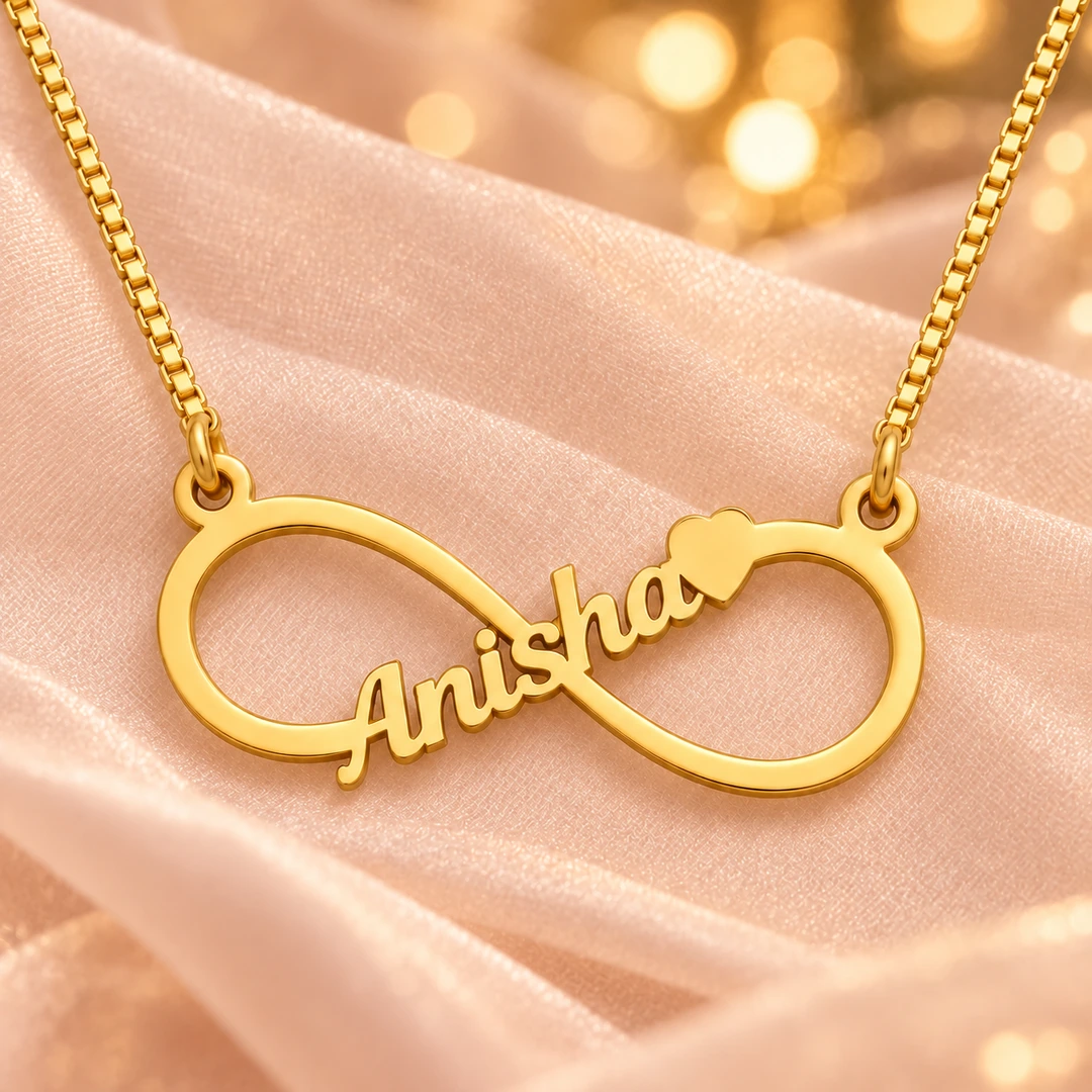Personalized Infinity Name Necklace - On peach fabric Personalized Infinity Name Necklace on peach fabric