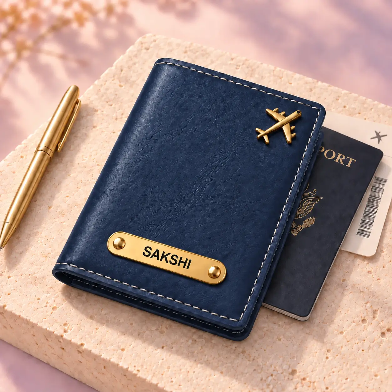 Personalized Blue Passport Cover - Travel Flat Lay Blue personalized passport cover beside travel documents and a pen