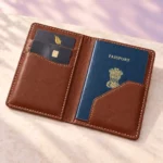 Open brown passport cover showing a passport and card in the interior pockets