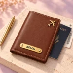 Brown personalized passport cover beside travel documents and a pen