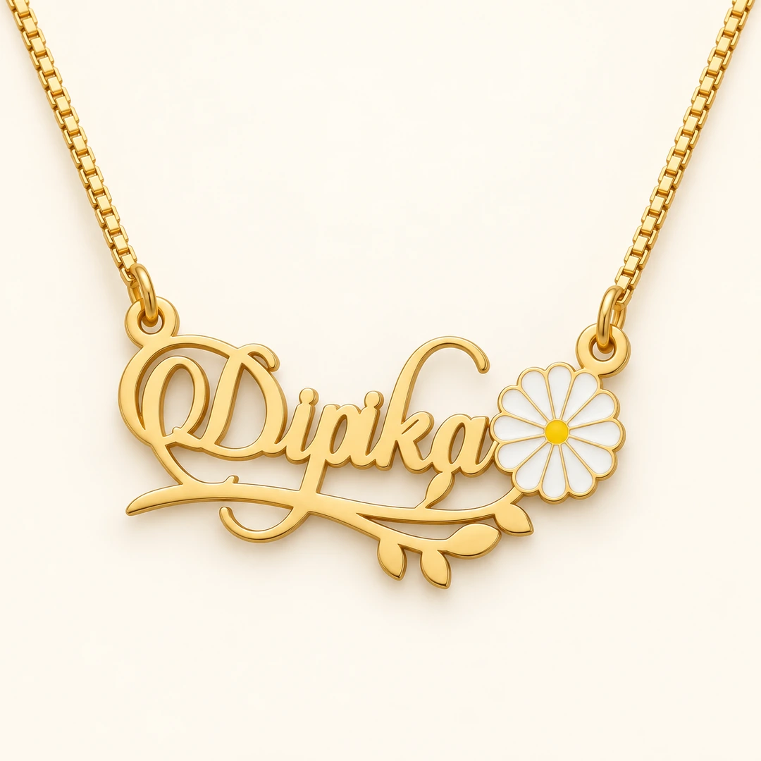 Flower and Leaf Name Necklace - On an cream background Flower and Leaf Name Necklace on an cream background