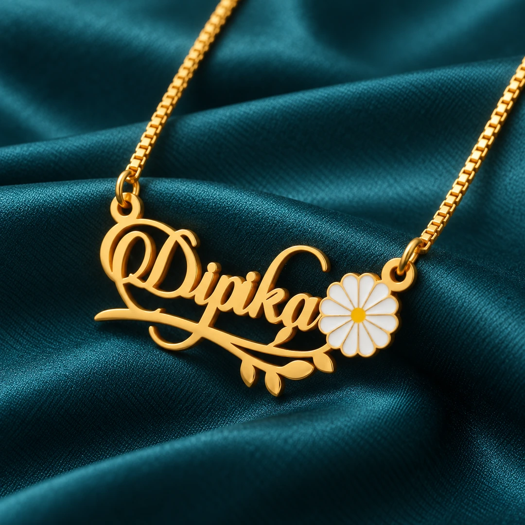 Flower and Leaf Name Necklace - On dark green fabric Flower and Leaf Name Necklace on dark green fabric