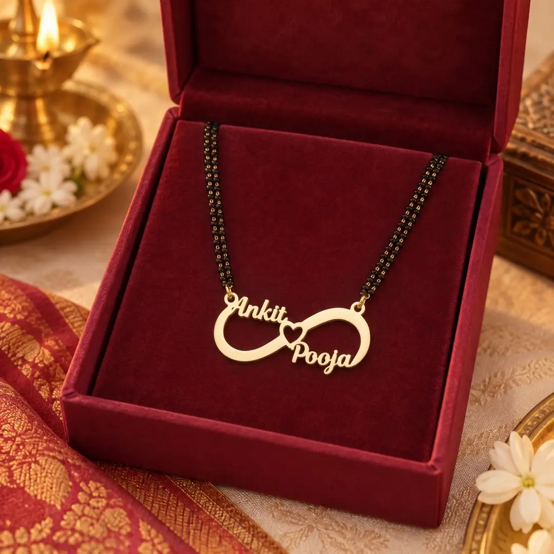 Classic Infinity Couple Name Necklace - With a black-beaded chain in a red display box Classic Infinity Couple Name Necklace with a black-beaded chain in a red display box