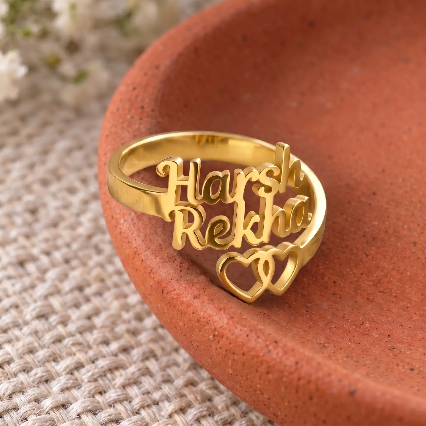 Two Hearts Personalized Love Ring – Image 5 Two Hearts Personalized Love Ring displayed on a terracotta dish